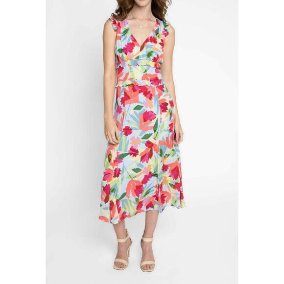 Nicole Miller Small Blue Pink Floral Oasis Silk Ruffle Midi Dress VNeck Cocktail - Picture 12 of 12